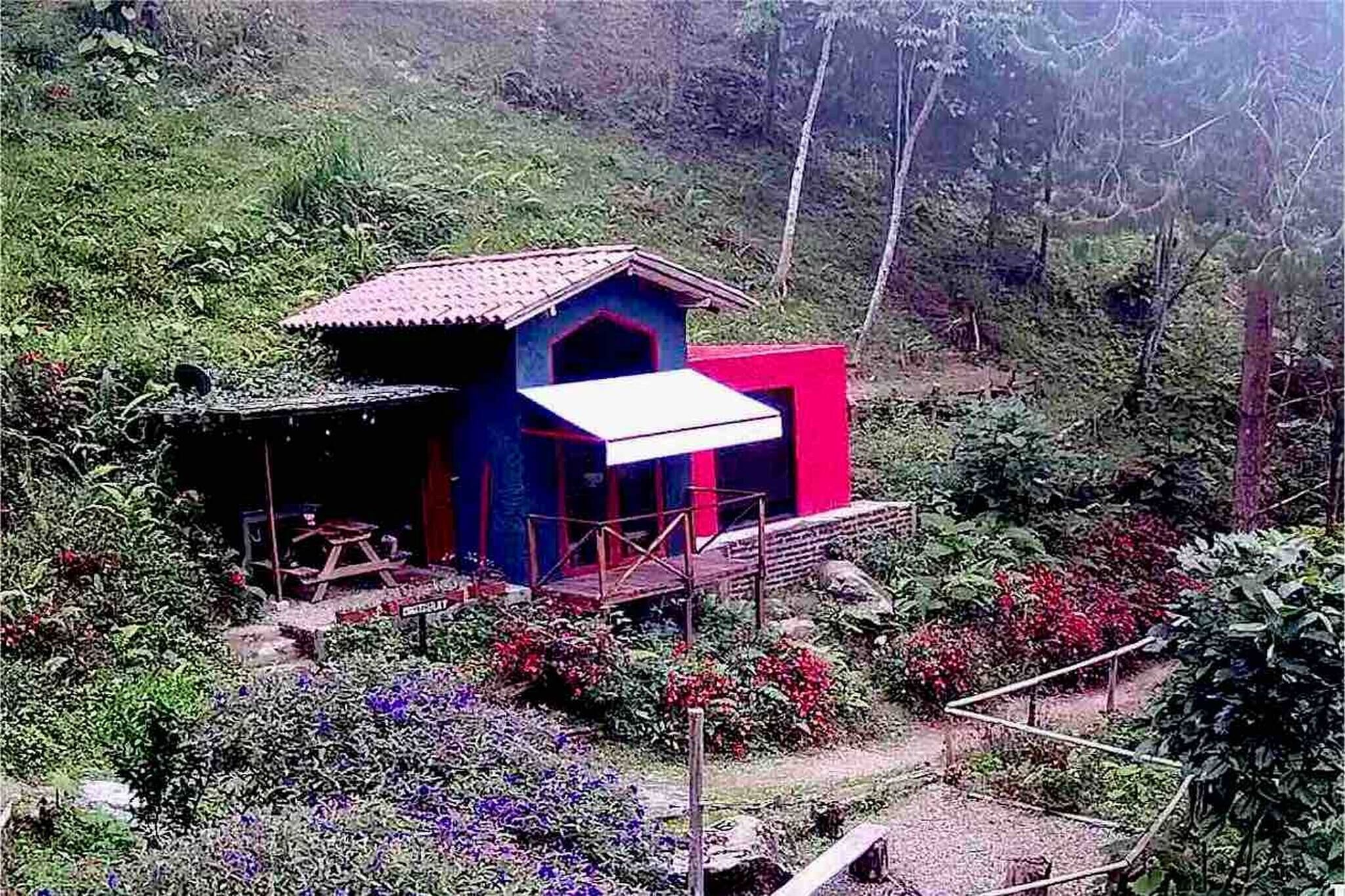 A small, colorful house with a red roof, surrounded by lush greenery and flowering plants.