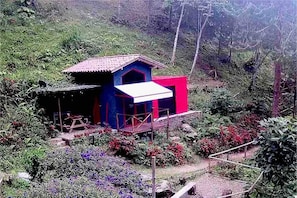 Una casita pequeña y colorida con techo rojo, rodeada de exuberante follaje y plantas florecientes.