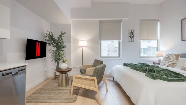 Une chambre d’hôtel moderne équipée d’un lit, d’un bureau, d’une chaise, d’une plante en pot, d’un téléviseur et d’une fenêtre.