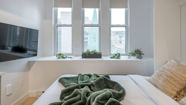 Un dormitorio con cama, televisión instalada en la pared y tres ventanas con plantas.
