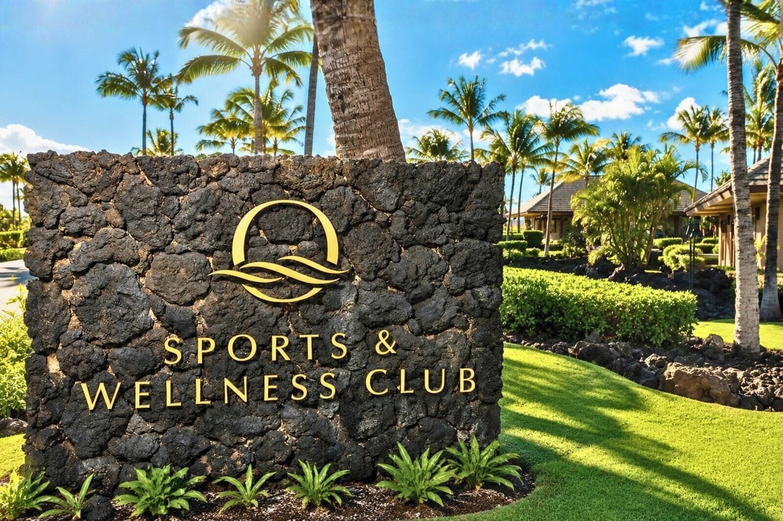 Schild für einen Sport- und Wellnessclub mit Logo, umgeben von einem gepflegten Garten und Palmen.