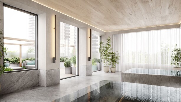 A modern interior with large windows, indoor plants, and a water feature. - Elegant 1+1bed 1bath |Sauna|Gym | Cold plunge (Toronto)