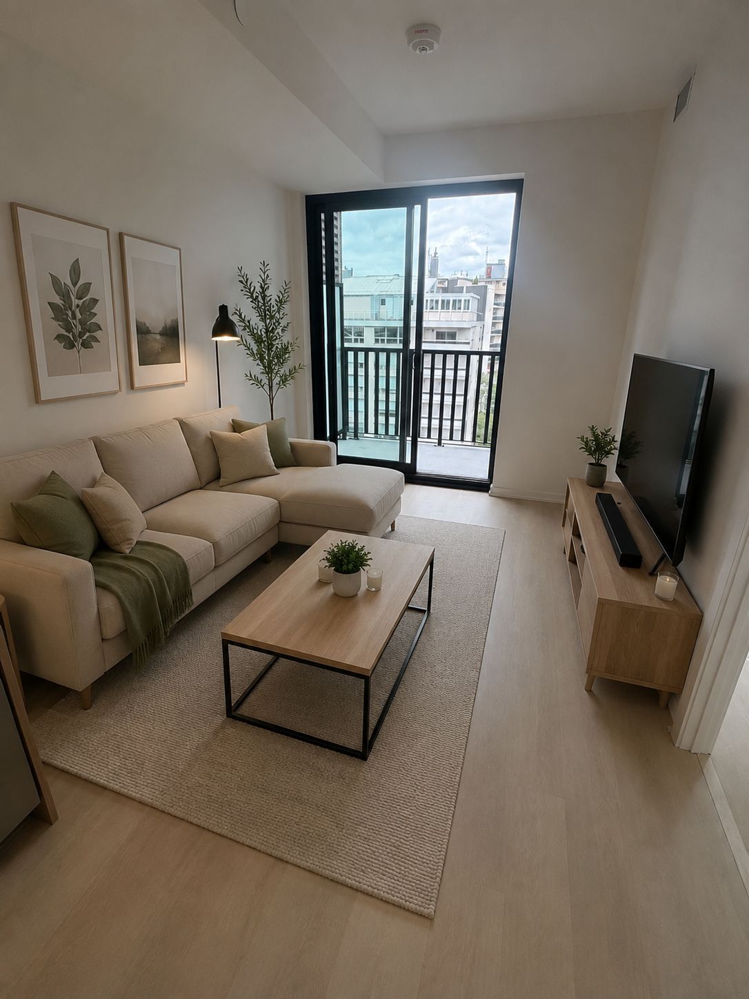 Un salon moderne avec un canapé, une table basse, un téléviseur et un balcon offrant une vue sur la ville.
