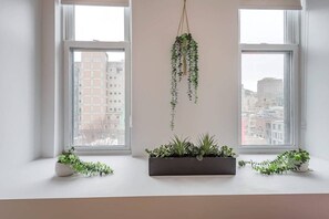Ein Zimmer mit einem großen Fenster, einer hängenden Pflanze und zwei Blumentöpfen auf der Fensterbank.