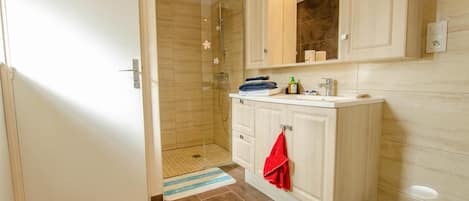 Shower, hair dryer, towels