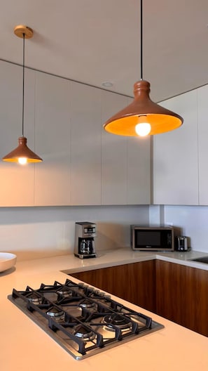 A modern kitchen with a gas stove, a coffee maker, a microwave, and pendant lighting. - Tropical luxury (Puerto Vallarta)