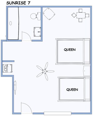 A floor plan of a hotel named 'SUNRISE 7' with two 'QUEEN' labeled rooms, a dining area, a kitchen, and a bathroom. - Sunrise 5 Studio 2 Queens (Huntsville)