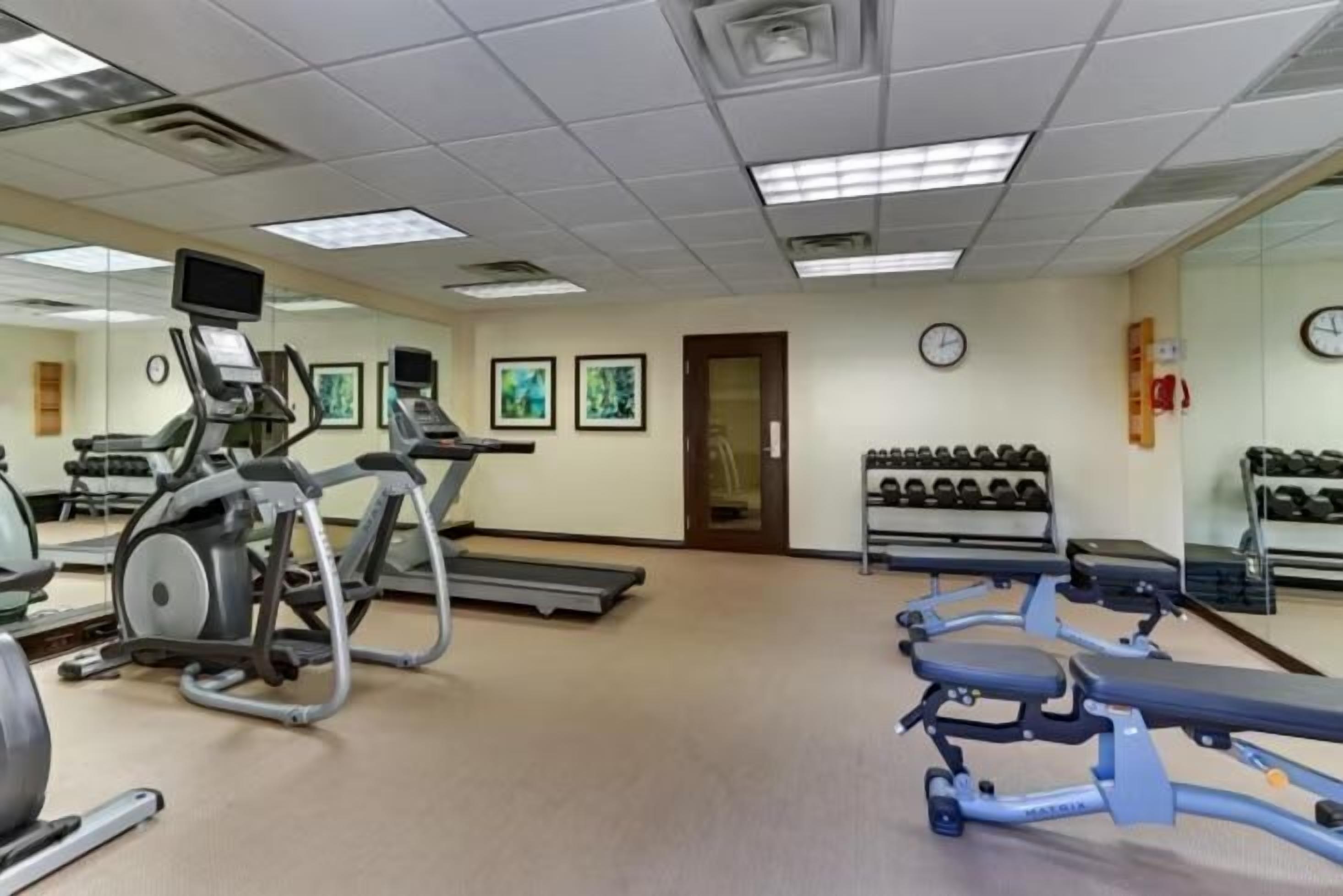 Un gimnasio con cintas de correr, elípticas y un soporte para pesas.