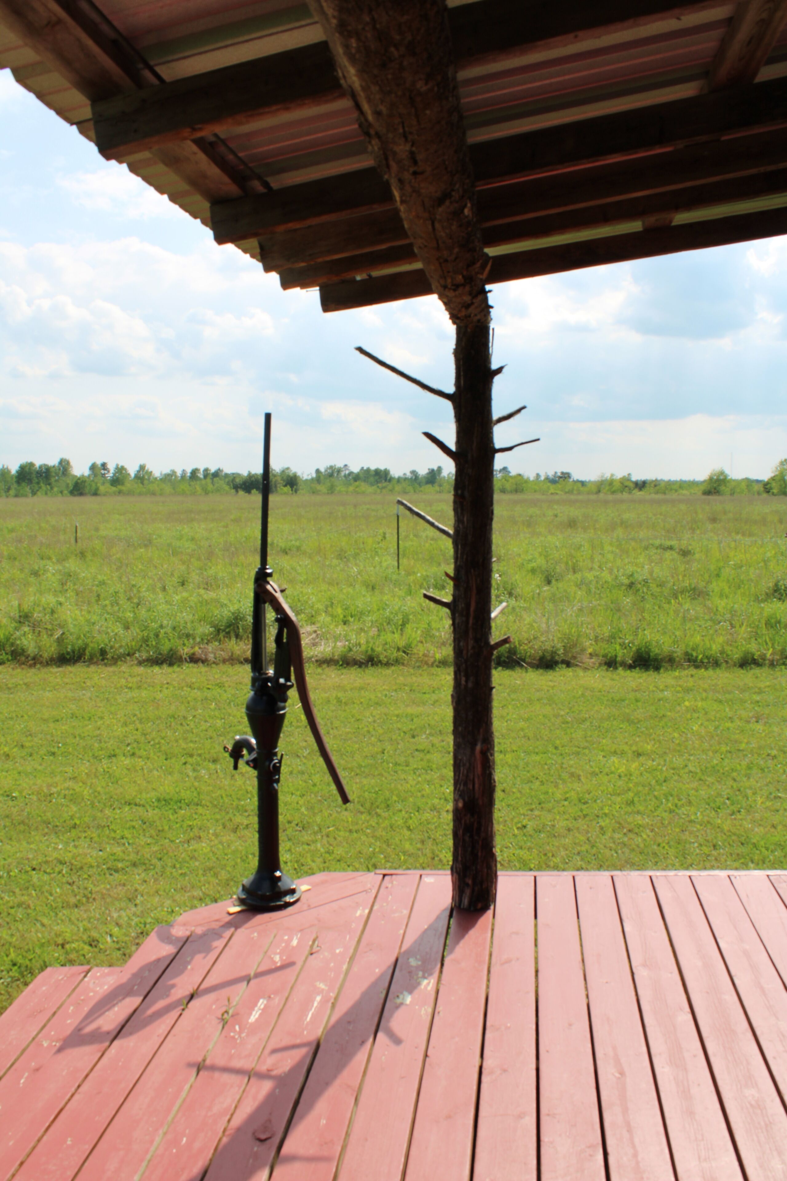 A red wooden deck with a metal structure, possibly a telescope, and a tree trunk.