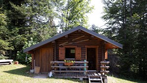 A rustic cabin with a wooden exterior, a porch with seating, and a small table with plants.