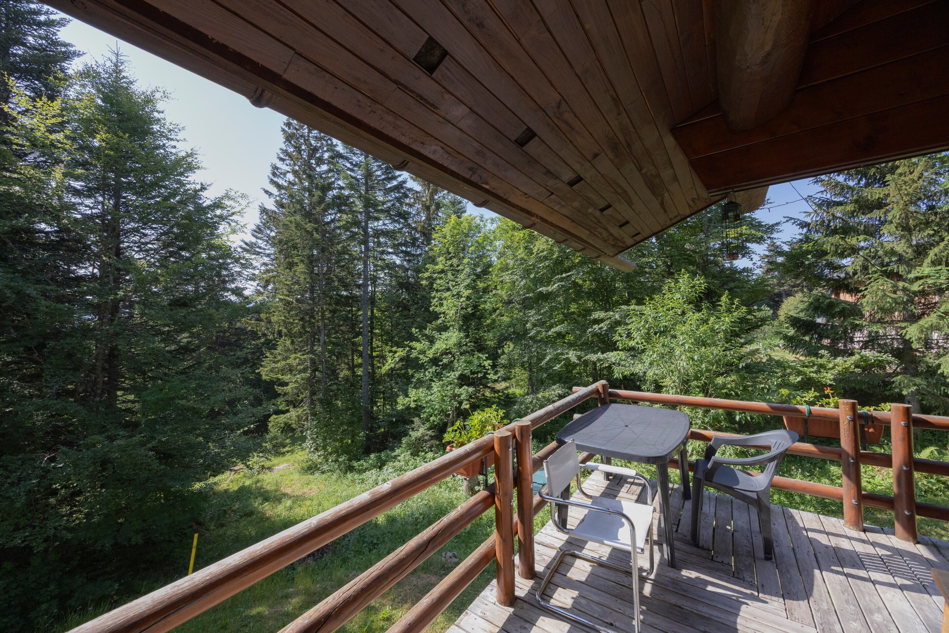 Une terrasse en bois, agrémentée d’une table et de chaises, entourée d’une balustrade en bois, et offrant une vue sur une zone boisée.