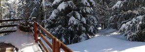 Una terraza de madera que lleva a una cabaña rodeada de árboles cubiertos de nieve.