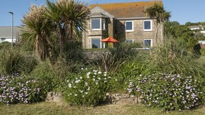 A two-story stone house with a stone wall in front, surrounded by various plants and flowers. - Folneth - Parking, Garden, Beachfront (Marazion)