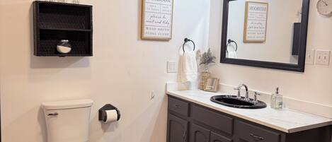 Hair dryer, towels, toilet paper