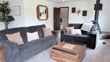 A living room with two grey sofas, a wooden coffee table, and a ceiling light fixture.