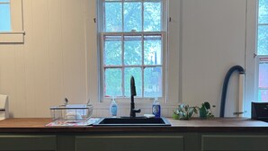 Uma cozinha com janela, pia, armários e uma planta.