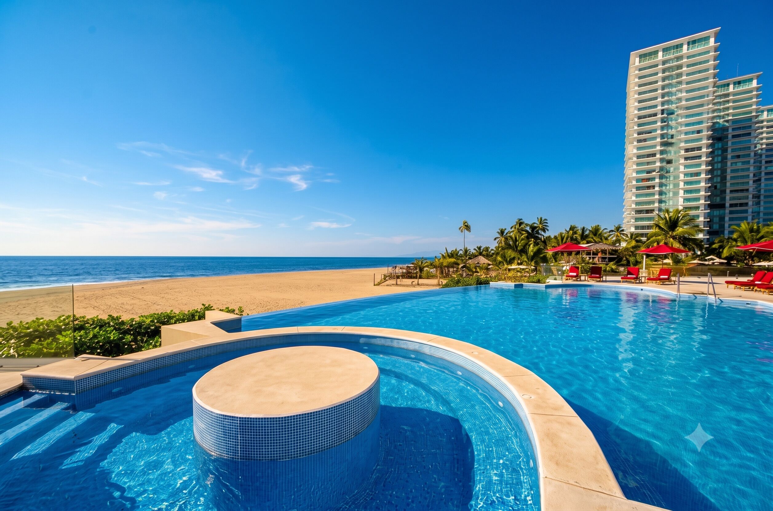 A swimming pool with a hot tub, a beach, and a tall hotel building.