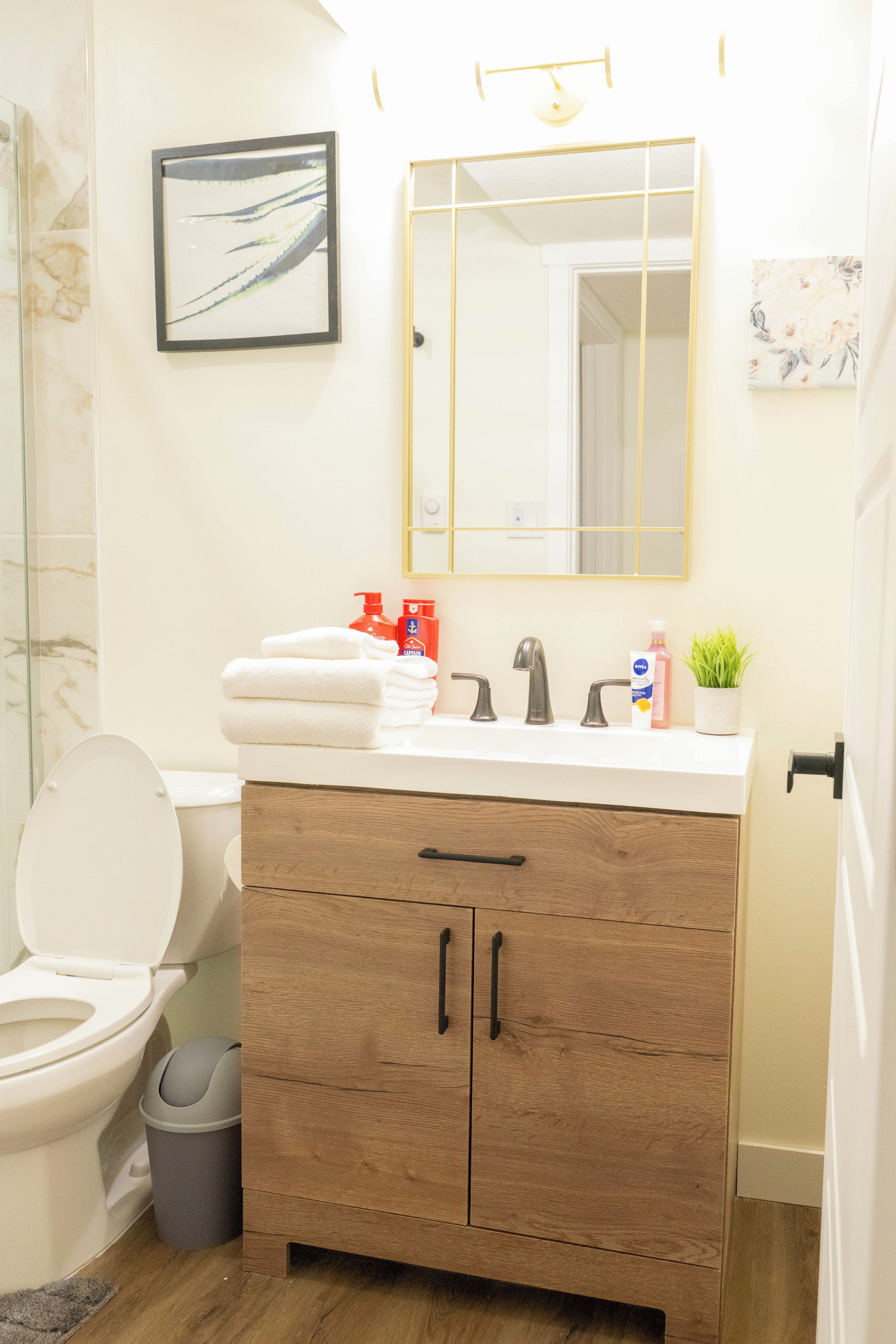 Shower, towels, soap, toilet paper