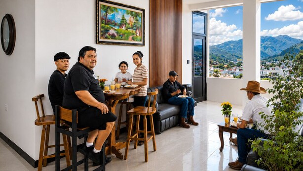 Ein moderner Essbereich mit Blick auf Berge, einem Bild an der Wand und einer Uhr.