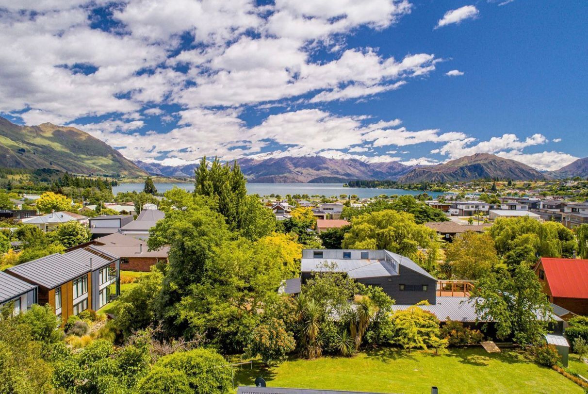A residential area with houses, a lake, and mountains in the background.
