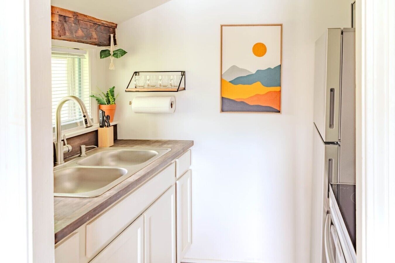 A kitchen with two sinks, a potted plant, a framed artwork, and a refrigerator.