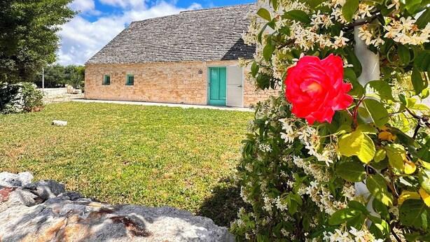 A stone building with a green door, surrounded by a grassy area and flowering plants. - Giardino dei Trulli Cummerse (Castellana Grotte)