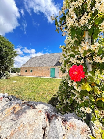 A stone building with a green door, surrounded by a grassy area and flowering plants.. Giardino dei Trulli Cummerse