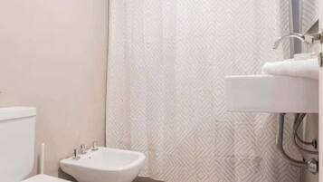Shower, hair dryer, towels, shampoo