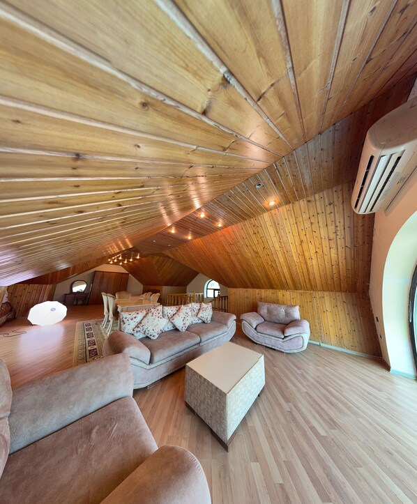 A spacious loft-style room with a sloped ceiling, wooden flooring, and a large window.