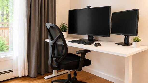 A modern office space with a white desk, two monitors, a black office chair, and a window with curtains.