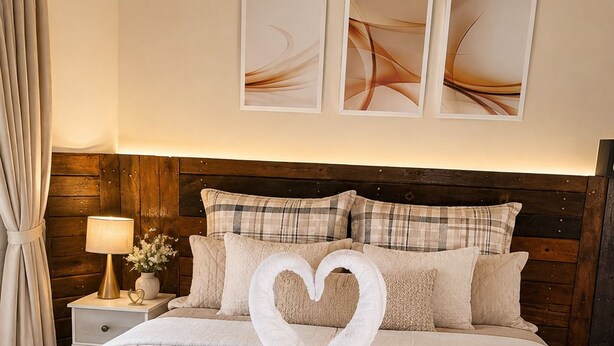 A bed with a plaid bedspread, pillows, and a heart-shaped towel arrangement. There are three framed pictures on the wall above the bed. - Chalés Villa Encantada  (Campos do Jordão)