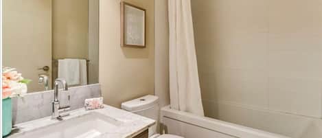 Hair dryer, towels, soap, toilet paper