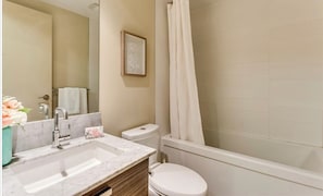 Hair dryer, towels, soap, toilet paper