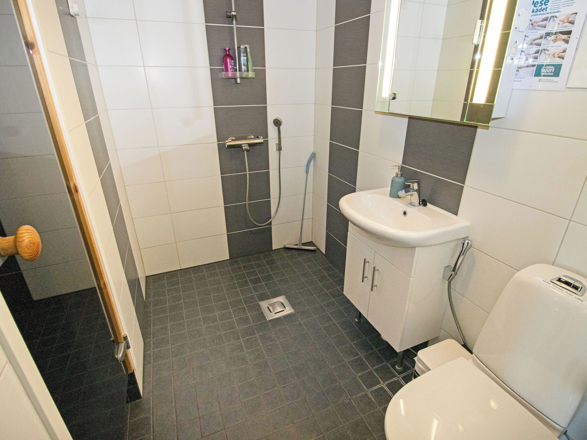Baño con ducha, inodoro, lavabo y espejo.