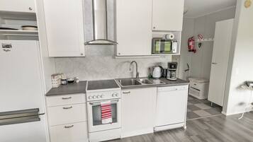 Fridge, microwave, dishwasher, cookware/dishes/utensils