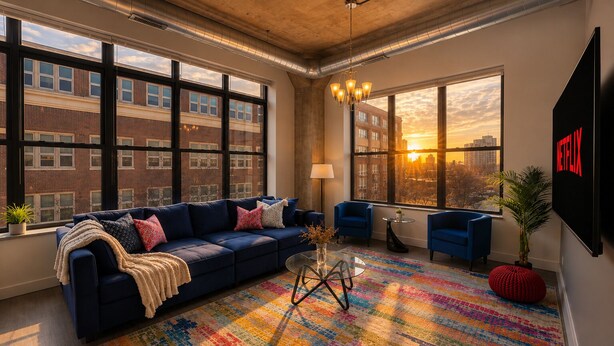 A modern living room with a blue sofa, a colorful rug, and a city view through large windows. - Spacious 3BR Suite with Skyline Views Near McCormick (Chicago)