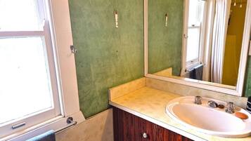 Une salle de bain avec un lavabo blanc, un miroir et un mur vert.
