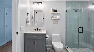 A bathroom with a shower, a toilet, a sink, and a mirror.