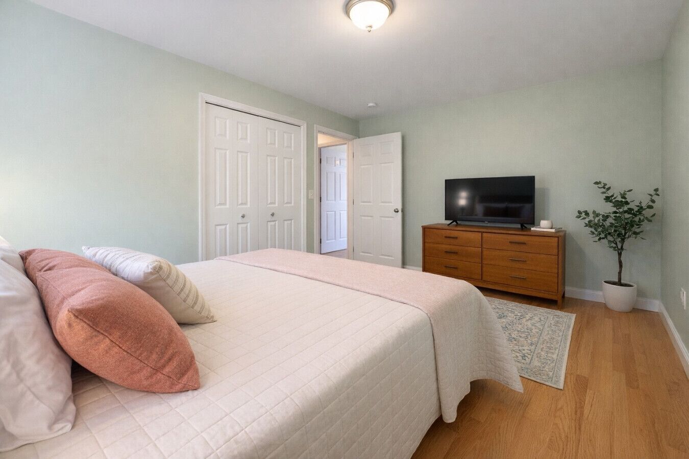 Un dormitorio con una cama, un aparador, un televisor y una planta en maceta.