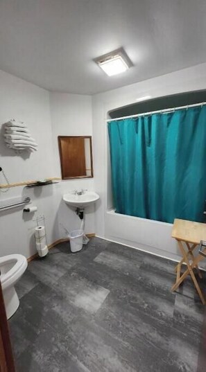 Een haardroger, handdoeken, toiletpapier