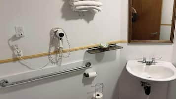 Hair dryer, towels, toilet paper