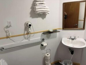 Secadora de cabello, toallas, papel de baño