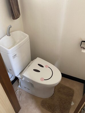 Ein Badezimmer mit Toilette, einem weißen Waschbecken und einem braunen Teppich.