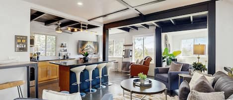 Smart TV, fireplace, books, music library