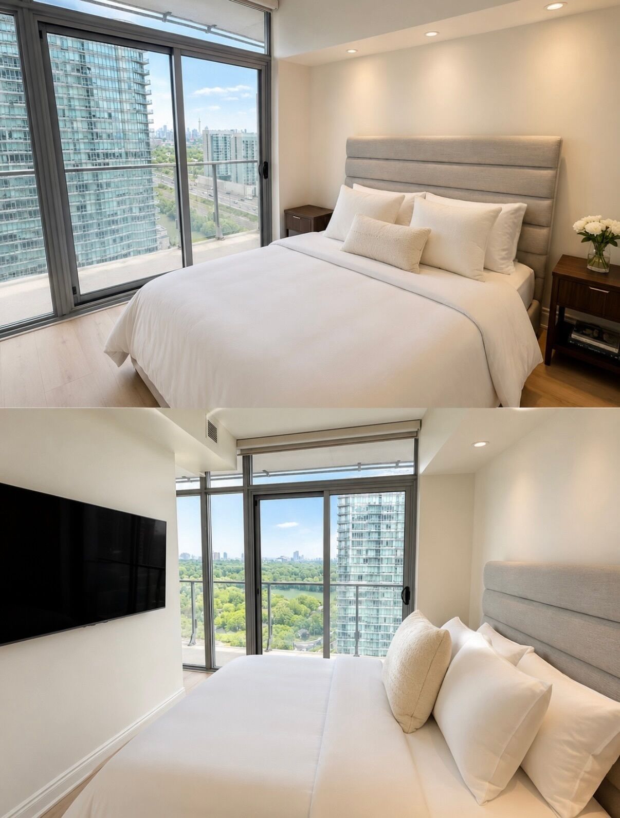 A modern bedroom with a large bed, a nightstand, a TV, and a view of a cityscape through large windows.