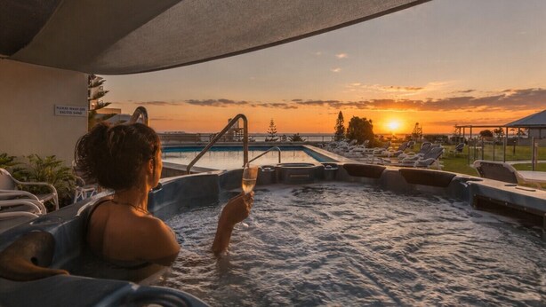 Una persona en un jacuzzi con vistas al atardecer, sillas de descanso y un cartel que indica quitar la arena sobrante.