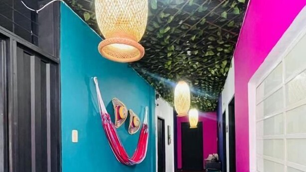 A hallway with a teal wall, a red carpet, and a hammock.