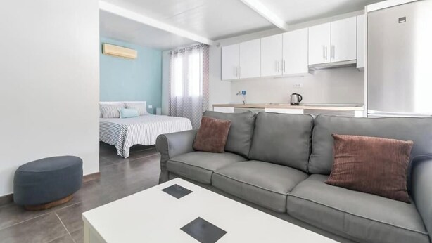 Een moderne, compacte leefruimte met een bank, een bed, een kitchenette en een eethoek.