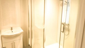 A glass-enclosed shower with a handheld showerhead, a white sink, and a cabinet below. - Apartment Sleeps 4 with Parking (Lydney)