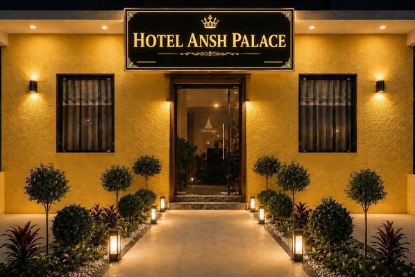 En hotellentrĂ©n med en skylt som visar texten âHOTEL ANSH PALACEâ, en gĂ„ng kantad av planterade blommor och vĂ€xter, och en vĂ€l upplyst fasad.